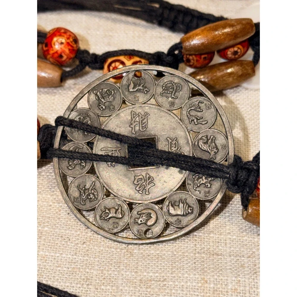 Boho Macrame Cord Belt Wood Beads Mother of Pearl Shell Chinese Zodiac Medallion